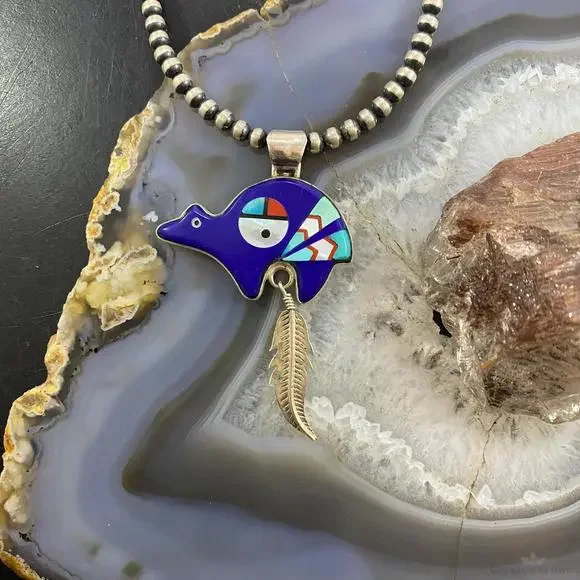 Native American Sterling Multistone Zuni Inlay Fetish Bear w/Feather Pendant - Picture 4 of 10